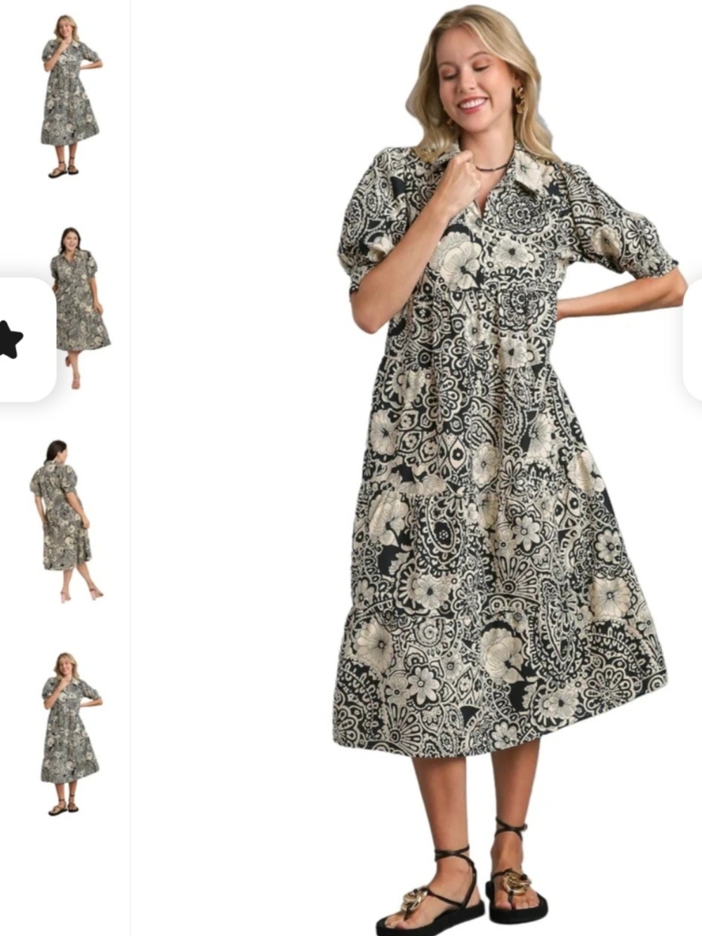 Umgee Black and Cream Floral Paisley Midi Dress